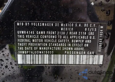 2013 Volkswagen Jetta 2.5L Se из США, поврежденный, VIN 3VWBP7AJ0DM415033